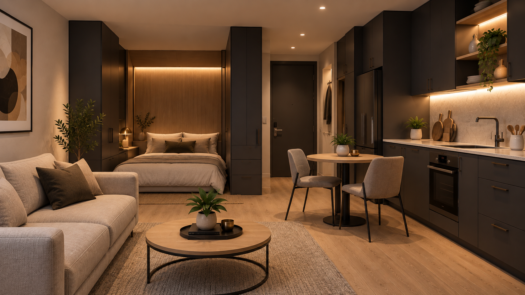 Illustrative view of a compact single-level apartment with a low bed, sofa, kitchenette and built-in storage